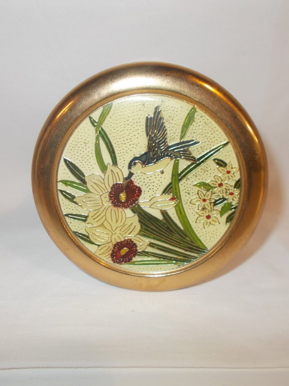 VTG Japanese Cloisonne trinket dish w/hummingbird and flowers, edged w/24KT
